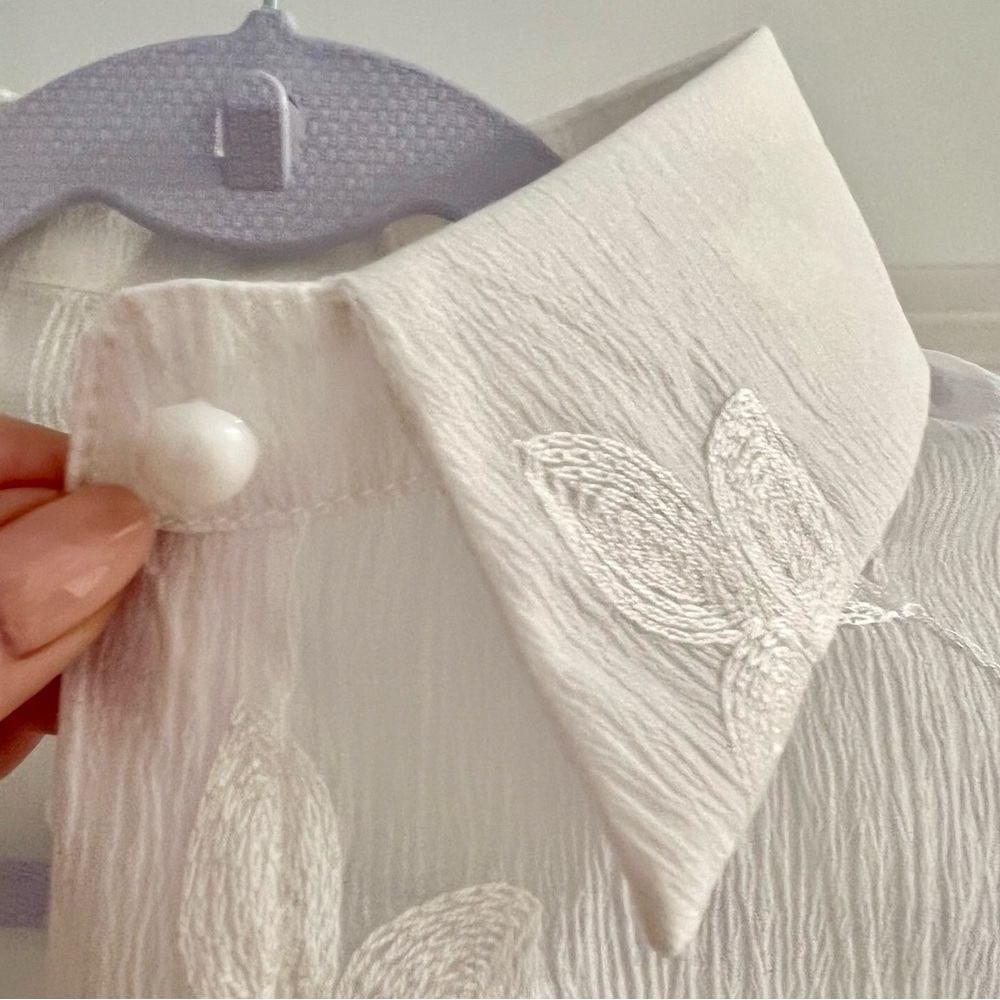 Elegant Sheer White Blouse with Leaf Embroidery - Picture 10 of 10